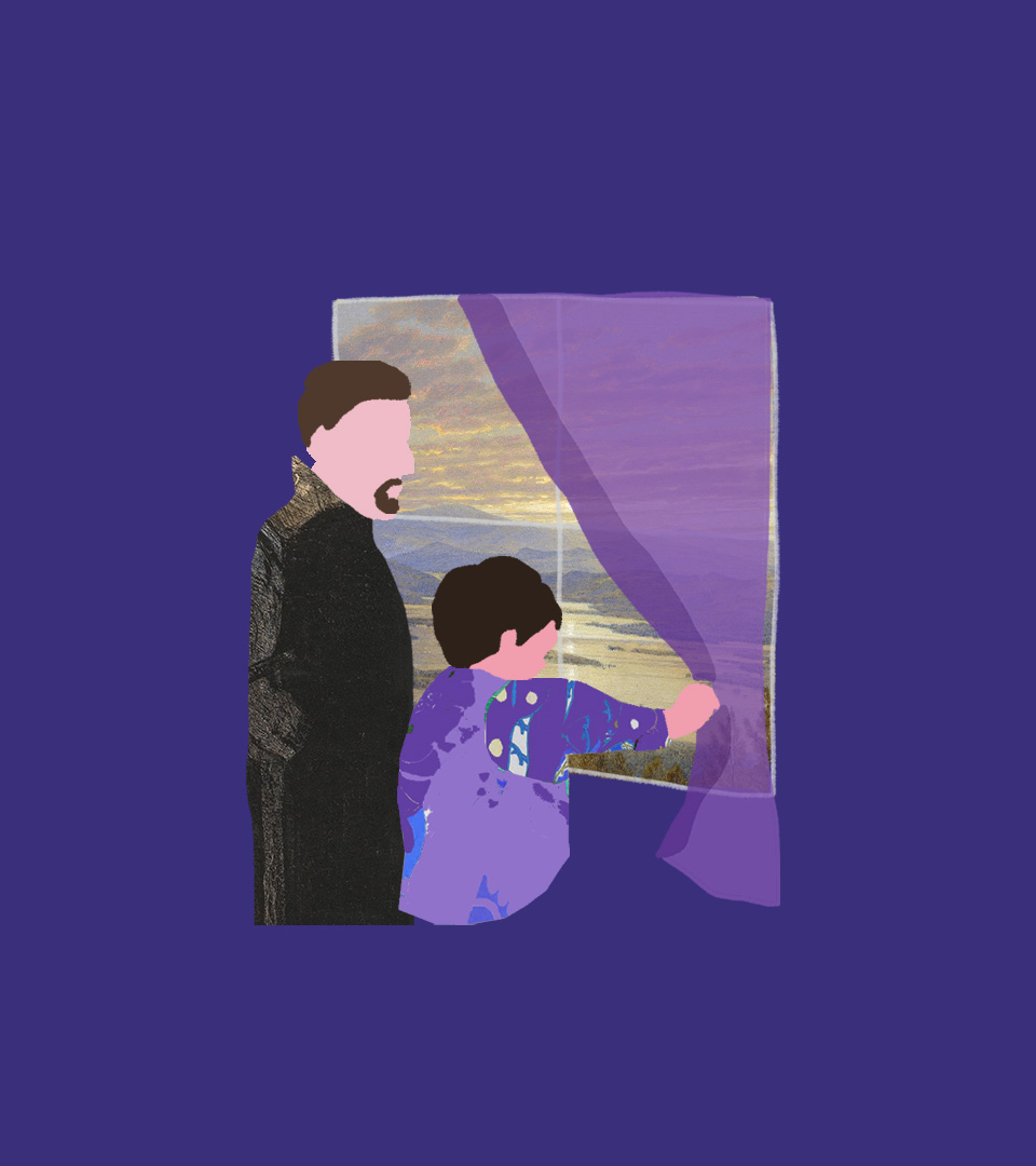 Grafika przedstawia dorosłego mężczyznę, w ciemnym płaszczu i z brodą, oraz młodszego chłopca, w fioletowym stroju, wyglądających za okno przez fioletową firanę. Za oknem widać pejzaż górski.